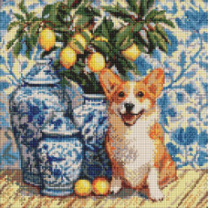 AMO20217 Ideyka Алмазна мозаїка - Коргі та лимони 40x40 см (круглі, на підрамнику, AMO20217) ©art_selena_ua