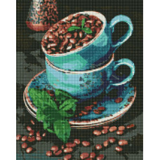 AMO7486 Ароматні кавові зерна. Ideyka. Набір алмазної мозаїки на підрамнику (круглі, повна) (Ідейка АМО7486)