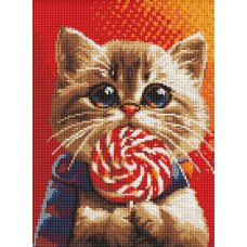 AMO7976 Котик із цукеркою з голограмними стразами (AB) ©art_selena_ua. Ideyka. Набір алмазної мозаїки (круглі, повна) (Ідейка АМО-7976)