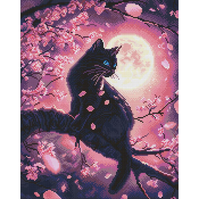 AMO8220 Ideyka Алмазна мозаїка - Чарівний кіт серед сакури 40х50 см (круглі, на підрамнику, АМО-8220) ©art_selena_ua