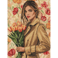 AMO8221 Ideyka Алмазна мозаїка - Дівчина у пальто з тюльпанами, 30х40 см (круглі, на підрамнику, АМО-8221) ©art_selena_ua