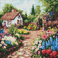 AMO8232 Ideyka Алмазна мозаїка - Квіткові клумби біля будинку, 40х40 см (круглі, на підрамнику, АМО-8232) ©art_selena_ua