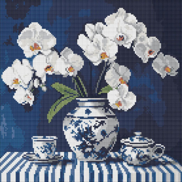 AMO8255 Ideyka Алмазна мозаїка - Орхідея в порцеляні 40х40 см (круглі, на підрамнику, АМО-8255) ©art_selena_ua