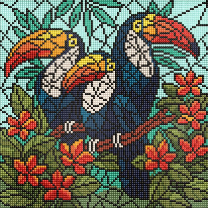 AMO8345 Ideyka Алмазна мозаїка - Вітраж. Тріо туканів 30х30 см (круглі, на підрамнику, АМО-8345) art_selena_ua