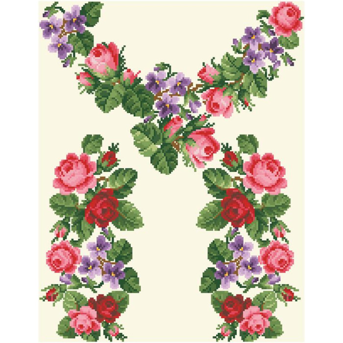 БЖ022кМнннн Вишиванка жіноча Троянди і фіалки, атлас-котон, бежевий, р. 42-54. Барвиста вишиванка. Заготовка для вишивання бісером або нитками