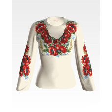 БЖ054кМнннн Вишиванка жіноча Червоні маки, ромашки, атлас-котон, бежевий, р. 42-54. Барвиста вишиванка. Заготовка для вишивання бісером або нитками