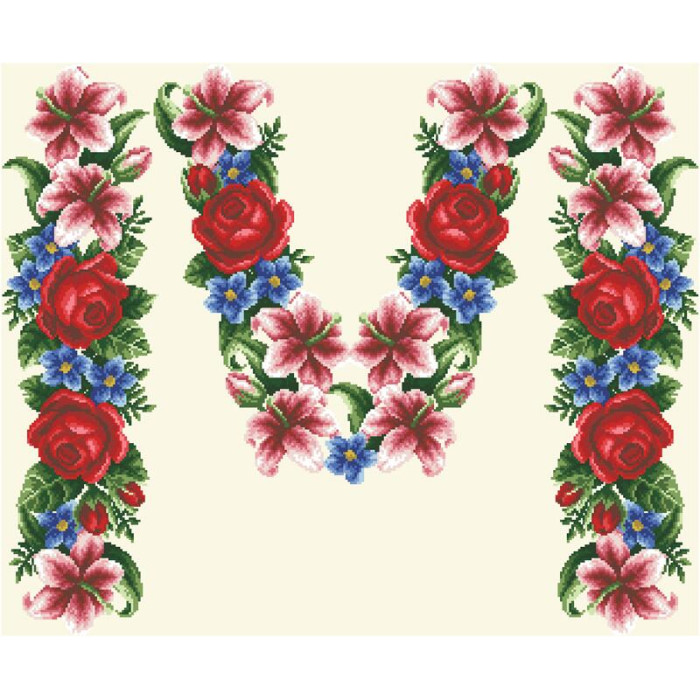БЖ055кМнннн Вишиванка жіноча Лілеї, троянди, незабудки, атлас-котон, бежевий, р. 42-54. Барвиста вишиванка. Заготовка для вишивання бісером або нитками