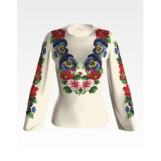 БЖ056кМнннн Вишиванка жіноча Троянди, братки, атлас-котон, бежевий, р. 42-54. Барвиста вишиванка. Заготовка для вишивання бісером або нитками