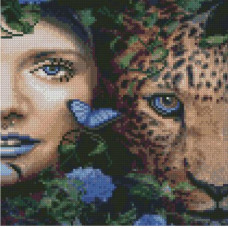 CA-0056 Дівчина з леопардом, 30х30 см. Strateg. Набір алмазної мозаїки на підрамнику (круглі, повна). Стратег