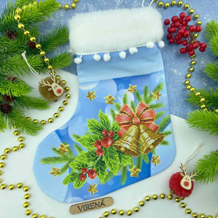 ЧН_016 Virena Заготовка для вишивки бісером - Чобіток для подарунків святковий з дзвіночками 25х32 см (схема на габардині)