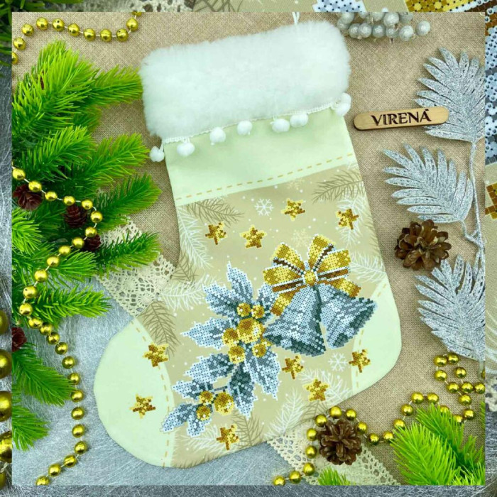 ЧН_018 Virena Заготовка для вишивки бісером - Чобіток для подарунків святковий з дзвониками 25х32 см (схема на габардині)