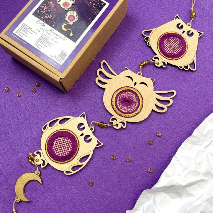 D-06 Кольорова Набір для вишивки нитками по дереву - Магічні сови, 12х7 см