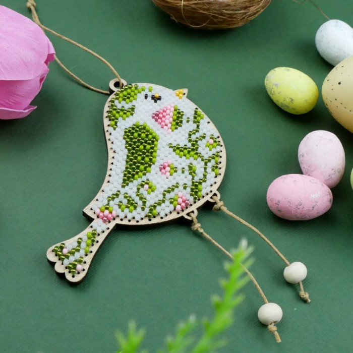 D-07 Кольорова Набір для вишивки бісером по дереву- Іграшка Весняна Пташка, 9x7 см