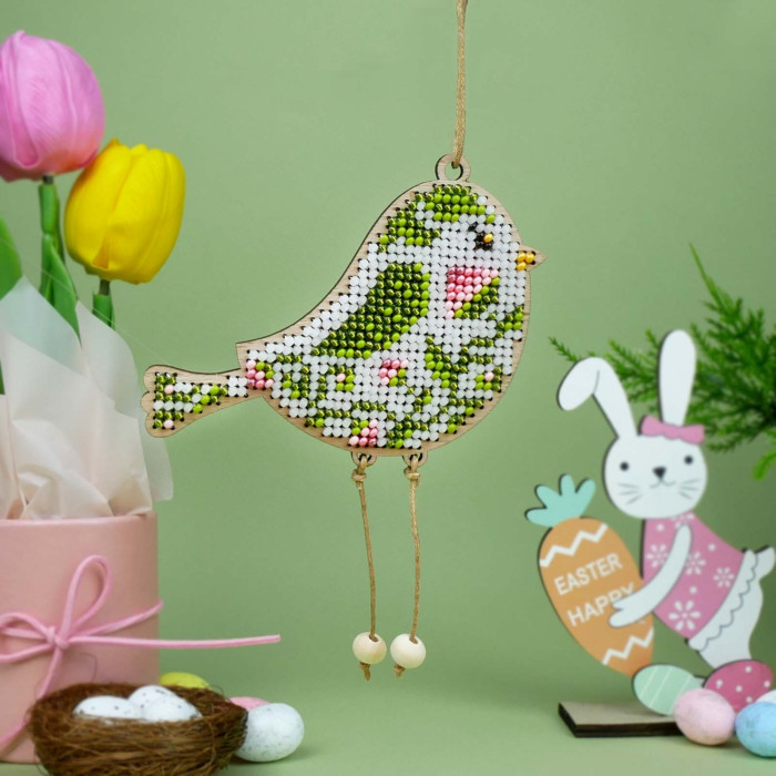 D-07 Кольорова Набір для вишивки бісером по дереву- Іграшка Весняна Пташка, 9x7 см