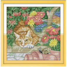 D341JS Кішка та равлик, 37x37 см. Joy Sunday. Набір для вишивки хрестиком на канві з нанесеним малюнком