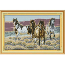 D496JS Четверо коней, 60x40 см. Joy Sunday. Набір для вишивки хрестиком на канві з нанесеним малюнком