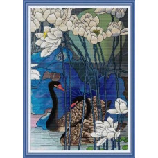 DA864JS Joy Sunday Набір для вишивки друкованим хрестиком - Пара чорних лебедів 59x43 см, Aida14