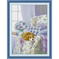 DB067JS Joy Sunday Набір для вишивки друкованим хрестиком - Цуценя на дивані 34x46 см, Aida 14 (схема на канві)