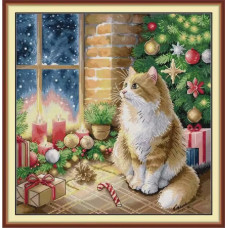DB142JS Joy Sunday Набір для вишивки друкованим хрестиком - Різдвяний котик 42x43 см, Aida14