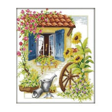 F055-3JS Квітковий двір, 37x44 см. Joy Sunday. Набір для вишивки хрестиком на канві з нанесеним малюнком