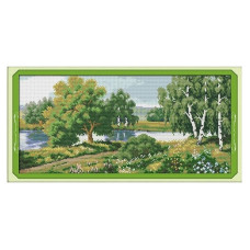 F327JS Зелені дерева біля річки, 53x28 см. Joy Sunday. Набір для вишивки хрестиком на канві з нанесеним малюнком