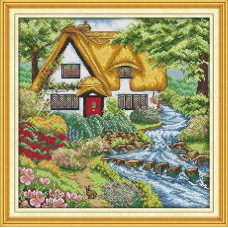 FA218JS Весняний котедж, 43x43 см. Joy Sunday. Набір для вишивки хрестиком на канві з нанесеним малюнком