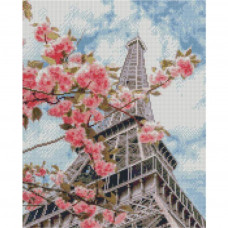 FA40905 Цвітіння сакури у Парижі, 40х50 см. Strateg. Набір алмазної мозаїки на підрамнику (круглі, повна). Стратег