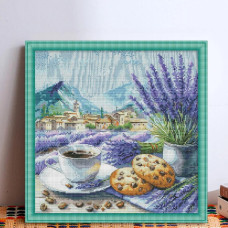 FA651JS Joy Sunday Набір для вишивки друкованим хрестиком - Кава з лавандою 34х34 см, Aida 14 ct (схема на канві)