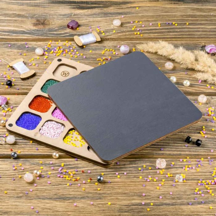 FLZB-257 Органайзер для бісеру з дерев'яною кришкою 14x14 см, темно-сірий, Wondarland Craft (фанера)