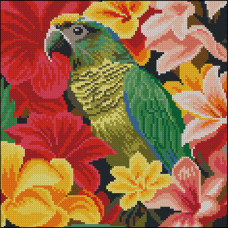 FZ3030-38 Strateg Алмазна мозаїка - Папуга в квітах, 30x30 см (квадратні, на підрамнику, Стратег)