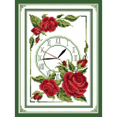 G032JS Годинник з червоними трояндами, 19х29 см. Joy Sunday. Набір для вишивання хрестиком на канві з нанесеним малюнком