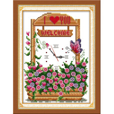 G033JS Годинник з квітами, 18х26 см. Joy Sunday. Набір для вишивання хрестиком на канві з нанесеним малюнком