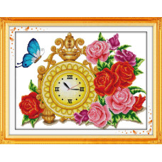 G068JS Годинник з червоними трояндами та метеликом, 45х35 см. Joy Sunday. Набір для вишивання хрестиком на канві з нанесеним малюнком