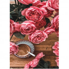 GD86095 Кава з рожевими трояндами, 30х40 см. Strateg. Набір алмазної мозаїки без підрамника (круглі, повна). Стратег