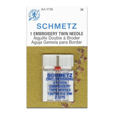 Голки Schmetz Twin Embroidery 130/705 H-E-ZWI №2/75, 5 шт, подвійні голки для вишивання, для побутових швейних машин, на картонній основі