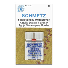 Голки Schmetz Twin Embroidery 130/705 H-E-ZWI №3/75, 5 шт, подвійні голки для вишивання, для побутових швейних машин, на картонній основі