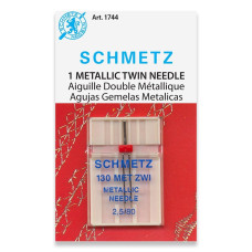Голки Schmetz Twin Metallic 130/705 H-MET-TWIN №2,5/80, 5 шт, подвійні для металізованих ниток, для побутових швейних машин, на картонній основі
