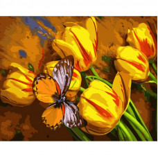 GS1019 Жовті тюльпани з метеликом, 40х50 см. Strateg. Картина за номерами (Стратег)