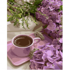 GS1035 Фіолетові гортензії з кавою, 40х50 см. Strateg. Картина за номерами (Стратег)