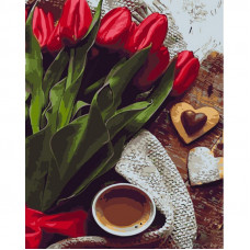GS1270 Червоні тюльпани з кавою, 40х50 см. Strateg. Картина за номерами (Стратег)