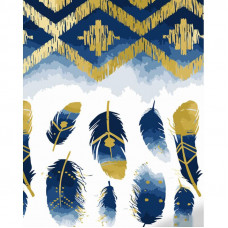GS1417 Синьо-золоті пір'їни, з золотом, 40х50 см. Strateg. Картина за номерами (Стратег)