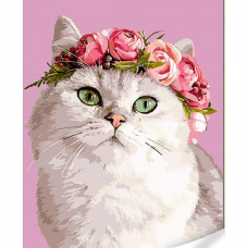GS1601 Кішка з вінком із квітів, на кольоровому полотні 40х50 см. Strateg. Картина за номерами (Стратег)