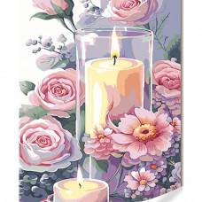 GS1605 Букет ніжних квітів зі свічкою, на кольоровому полотні 40х50 см. Strateg. Картина за номерами (Стратег)
