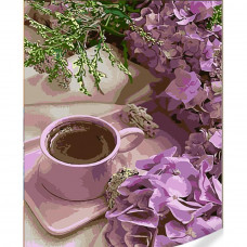 GS1616 Фіолетові гортензії з кавою, на кольоровому полотні 40х50 см. Strateg. Картина за номерами (Стратег)