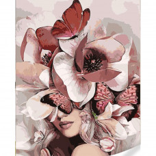GS1619 Дівчина з трояндами на голові, на кольоровому полотні 40х50 см. Strateg. Картина за номерами (Стратег)