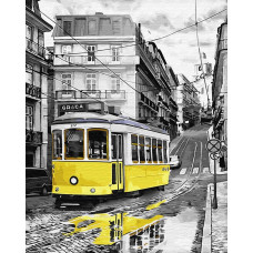 GX30147 Жовтий трамвай на дощовій вулиці. Brushme. Картина за номерами