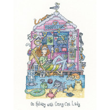 H1399 Heritage Crafts Набір для вишивки рахунковим хрестиком - У відпустку з Crazy Cat Lady 18x30,5 см, Linda 27 ct