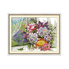 H727JS Квіти на підвіконні, 42x33 см. Joy Sunday. Набір для вишивки хрестиком на канві з нанесеним малюнком