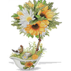 HA024JS Соняшники та пташка, 21х34 см.  Joy Sunday. Набір для вишивання хрестиком на канві з нанесеним малюнком