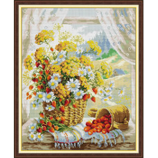 HA079JS Натюрморт з ромашками та суницями, 40х48 см. Joy Sunday. Набір для вишивання хрестиком на канві з нанесеним малюнком